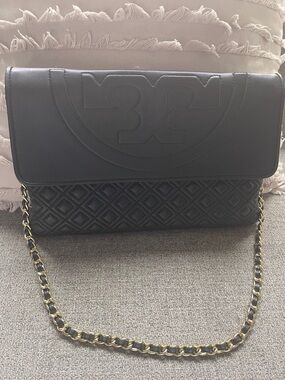 Tory Burch Black Quilted Leather Flap Shoulder Bag with Gold Chain